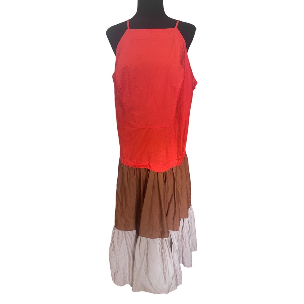 Maeve by Anthropologie Colorblock Tiered Midi Dress Orange‎ Brown Grey 2X Cotton